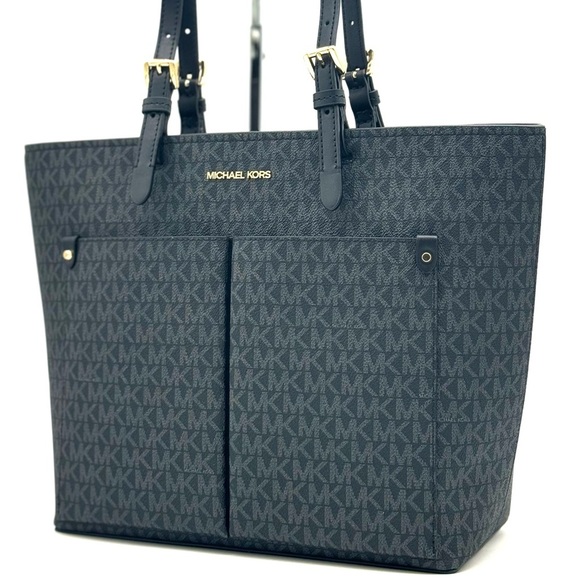 Michael Kors Jet Set Medium Pocket Tote Bag Black Signature - Picture 1 of 10